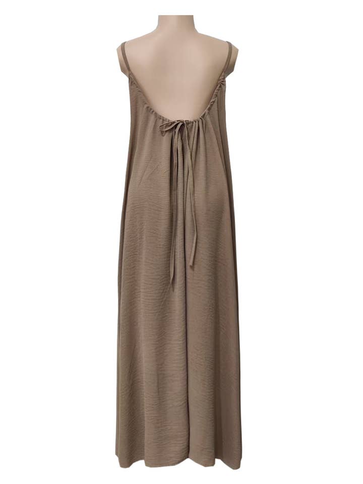 Boho Beach Backless Tie Cami Maxi Dress in Camel