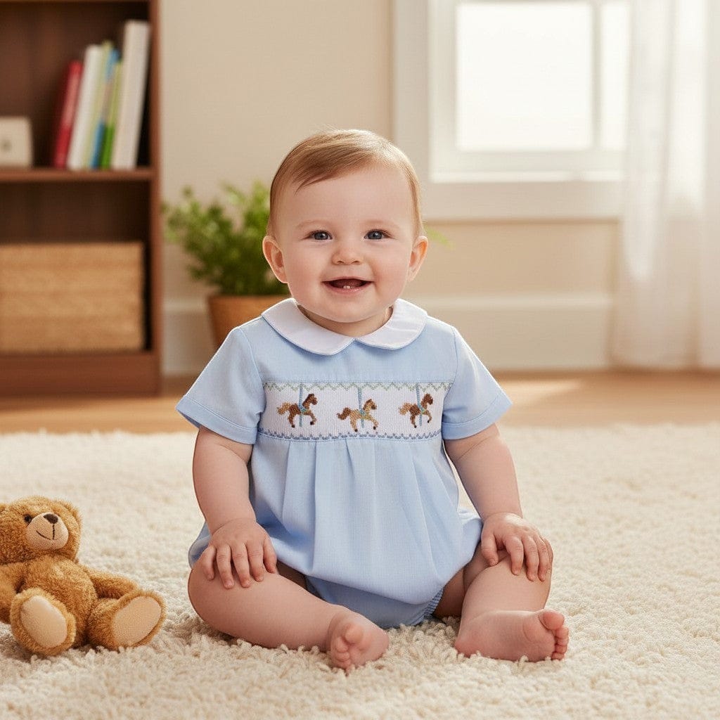 Carriage Boutique Boys Hand Smocked Light Blue Carousel Horse Classic Creeper Bubble Romper - Little Miss Muffin Children & Home