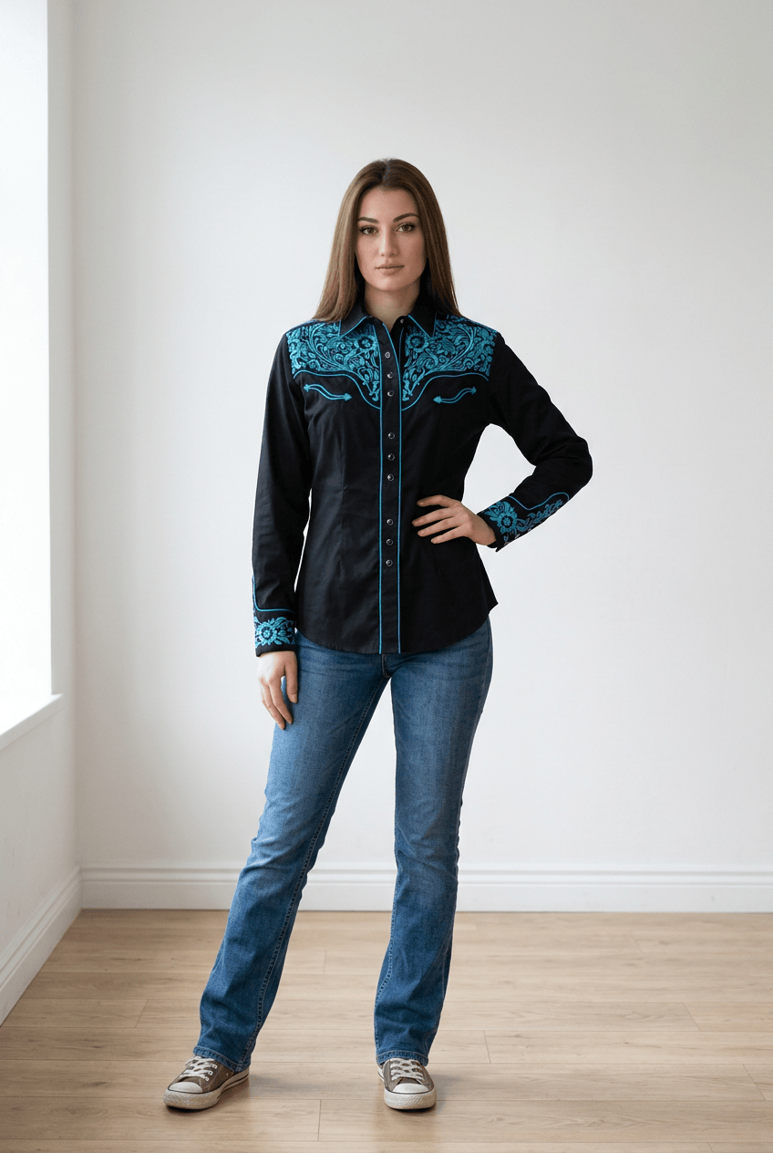 Rockmount Ranch Wear Women's Vintage Black & Turquoise Tooling Embroidered Western Shirt - Little Miss Muffin Children & Home