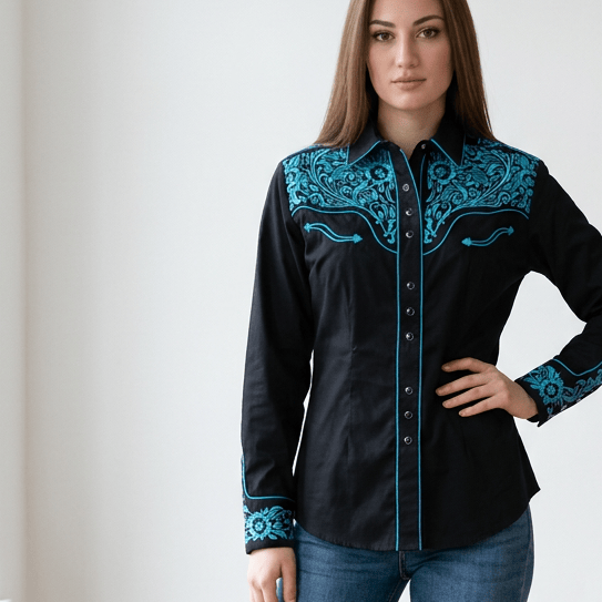 Rockmount Ranch Wear Women's Vintage Black & Turquoise Tooling Embroidered Western Shirt - Little Miss Muffin Children & Home