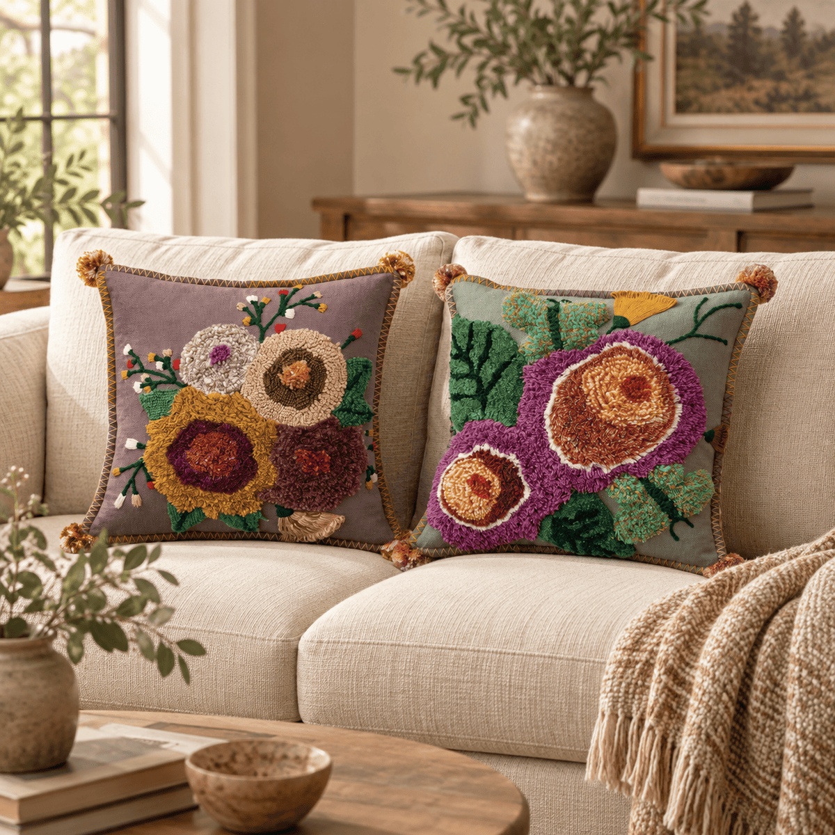 Creative Co-op 18" Square Cotton Tufted Floral Pillow with Pom Poms, 2 Available Styles - Little Miss Muffin Children & Home