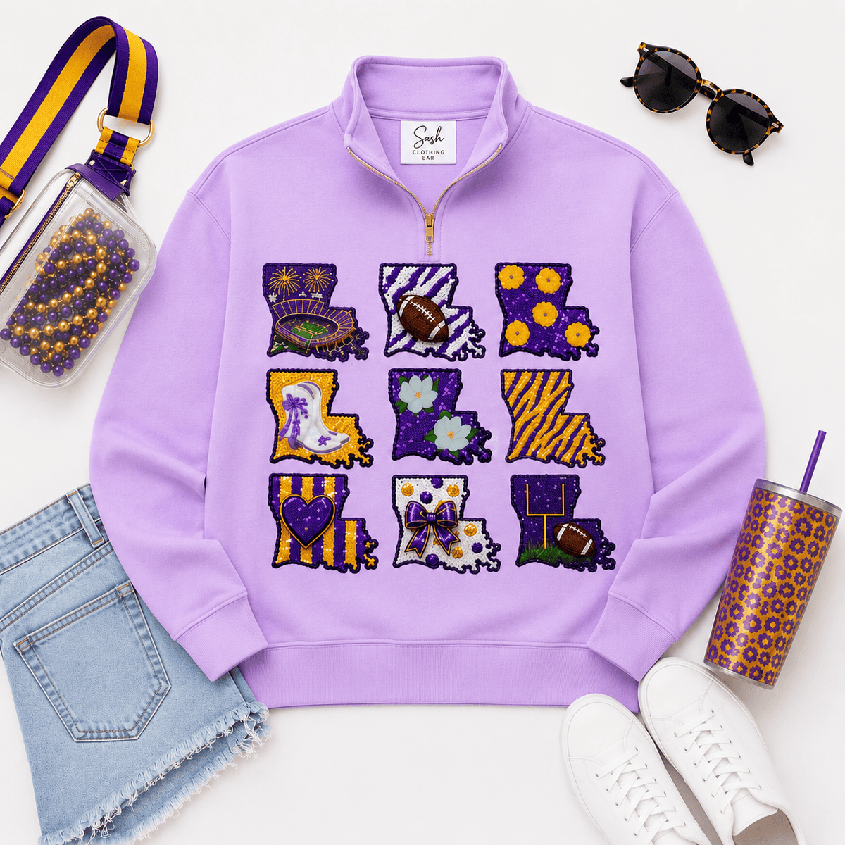 Sash Clothing Bar Louisiana Tigers Purple & Yellow Sequin Quarter Zip Sweatshirt - Little Miss Muffin Children & Home