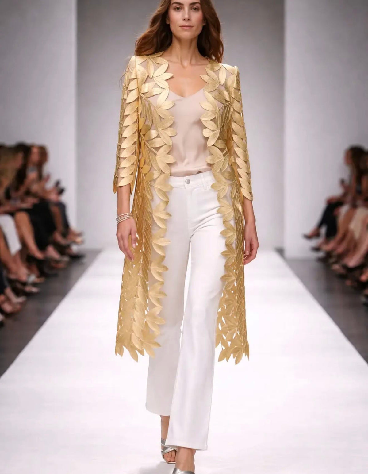 Faux Leather Leaves 3/4 Sleeves Long Jacket in Gold