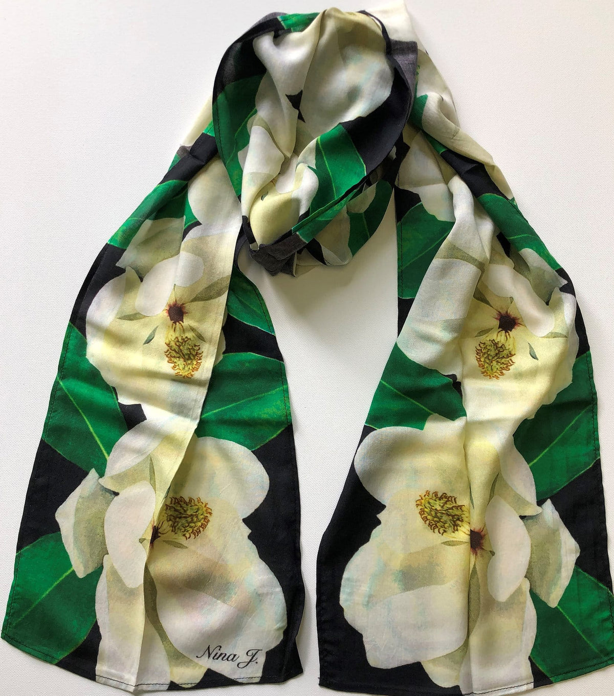 Magnolia in Black Background Cotton Scarf