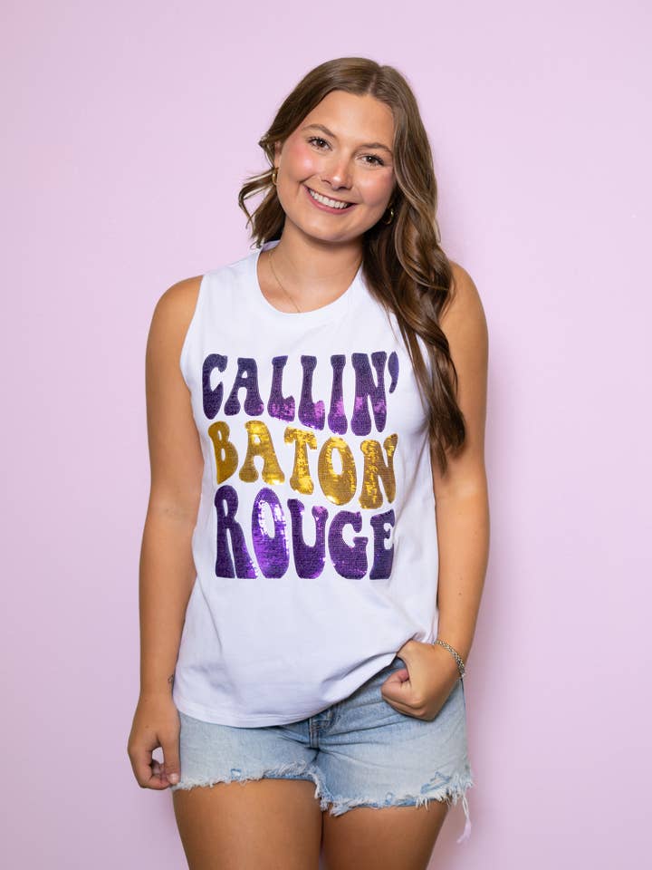 Callin' Baton Rouge Women's Sequin Design White Tank