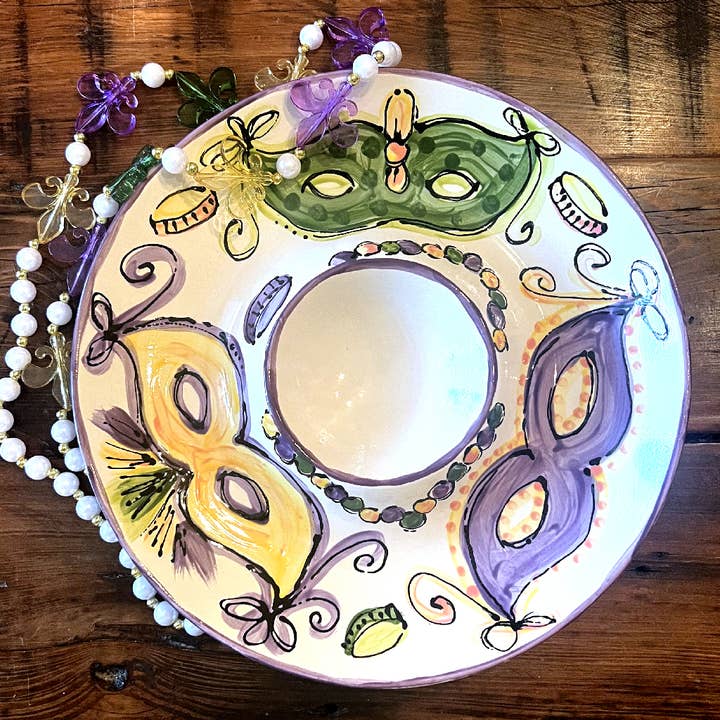 Magnolia Creative Co Carnival Chip and Dip, hand-painted Mardi Gras masks, beads and doubloons