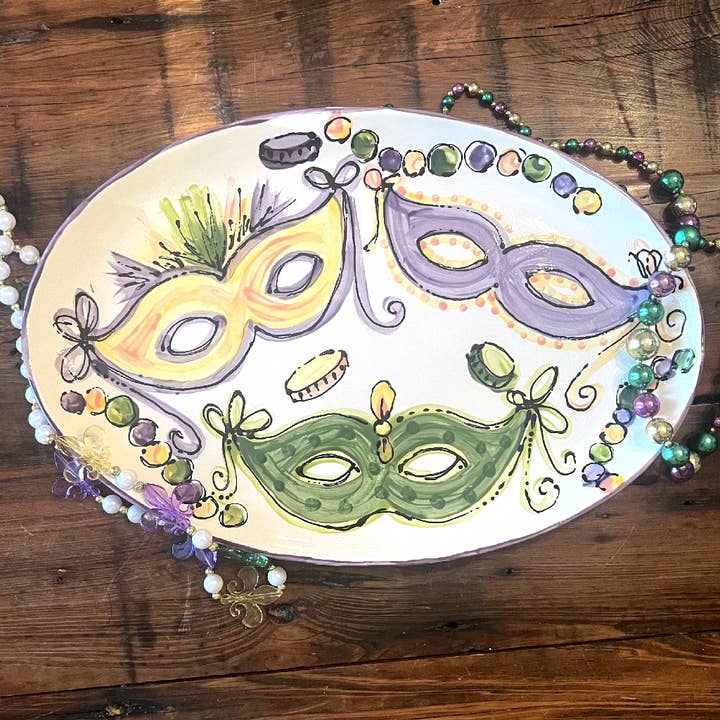 Magnolia Creative Co Carnival Oval Platter, hand-painted Mardi Gras masks, beads and doubloons