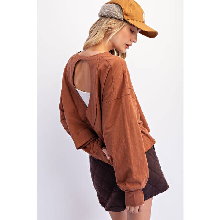 Cotton Slub Open Back Oversized Top in Chestnut