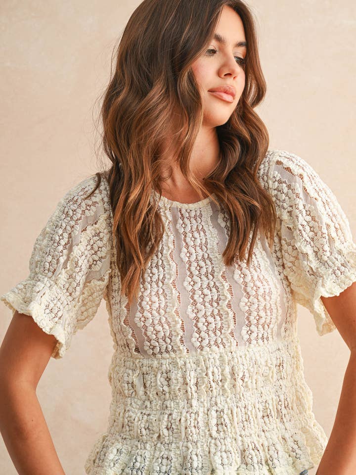 Cream Short Sleeve Lace Blouse
