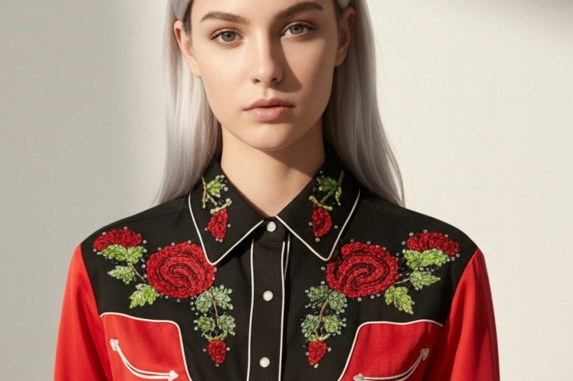 Rockmount Ranch Wear Women's Vintage 2-Tone Red Roses Embroidered Western Shirt - Little Miss Muffin Children & Home