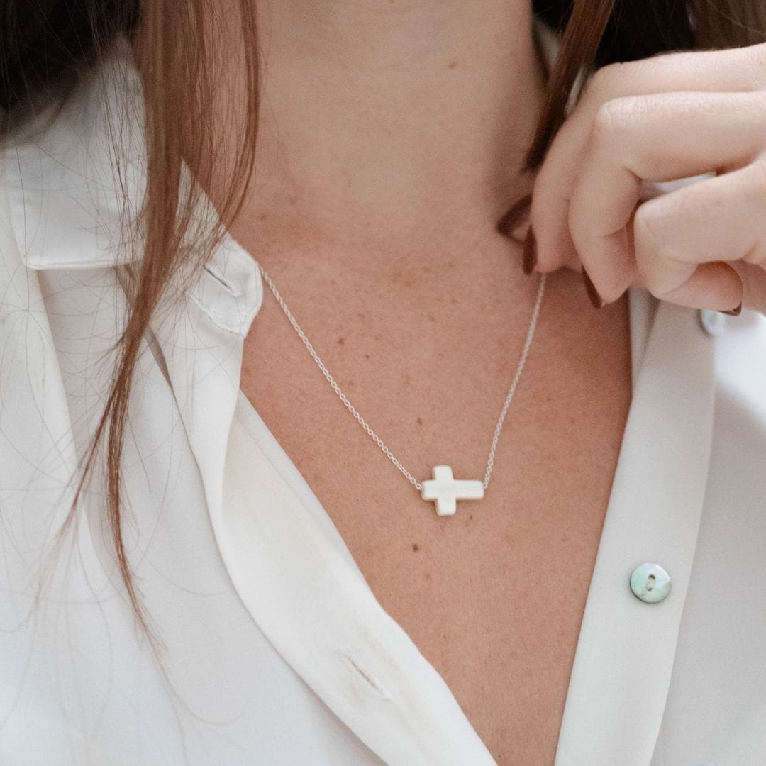My Saint My Hero Divine Grace White Howlite Cross Necklace - Little Miss Muffin Children & Home