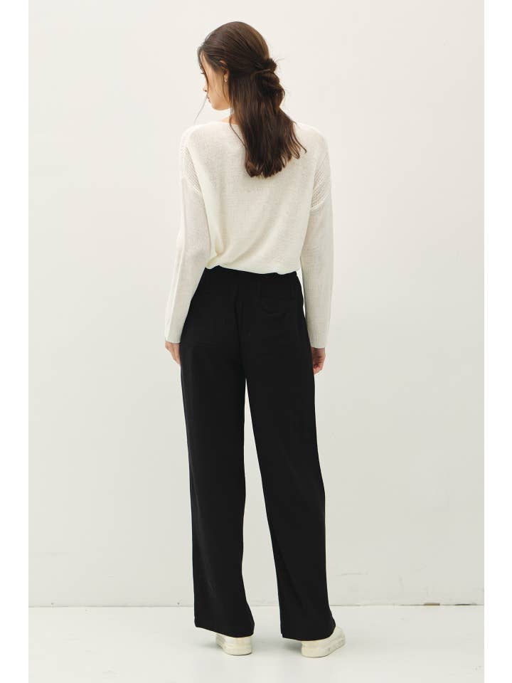 Drawstring Wide Leg Linen Pants in Black