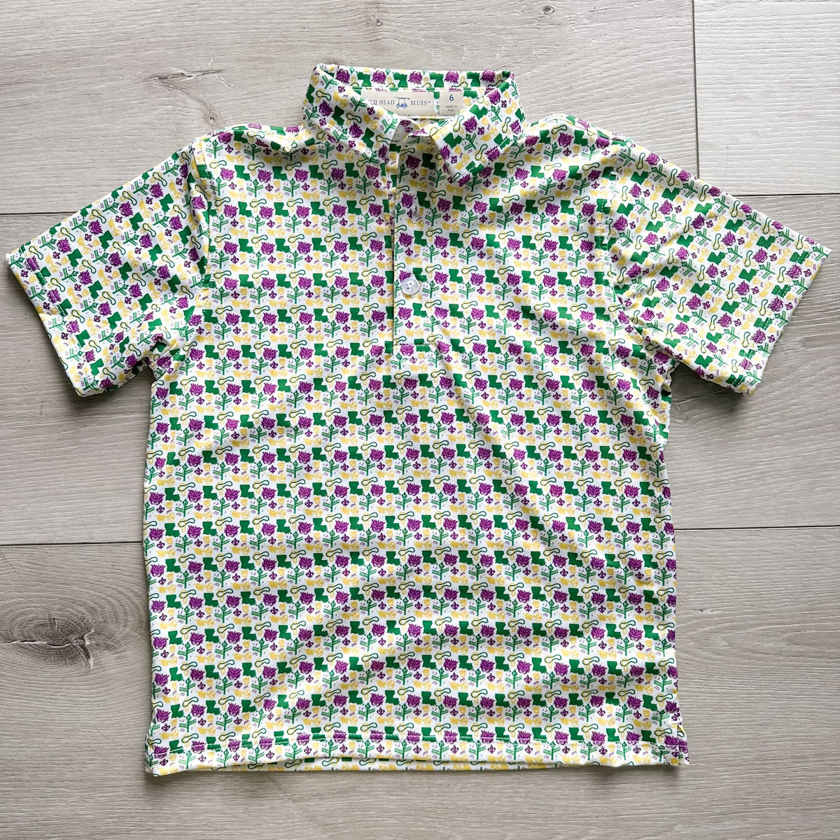 Bald Head Blues Mardi Gras All-Over Print on White Youth Albatross Polo - Little Miss Muffin Children & Home
