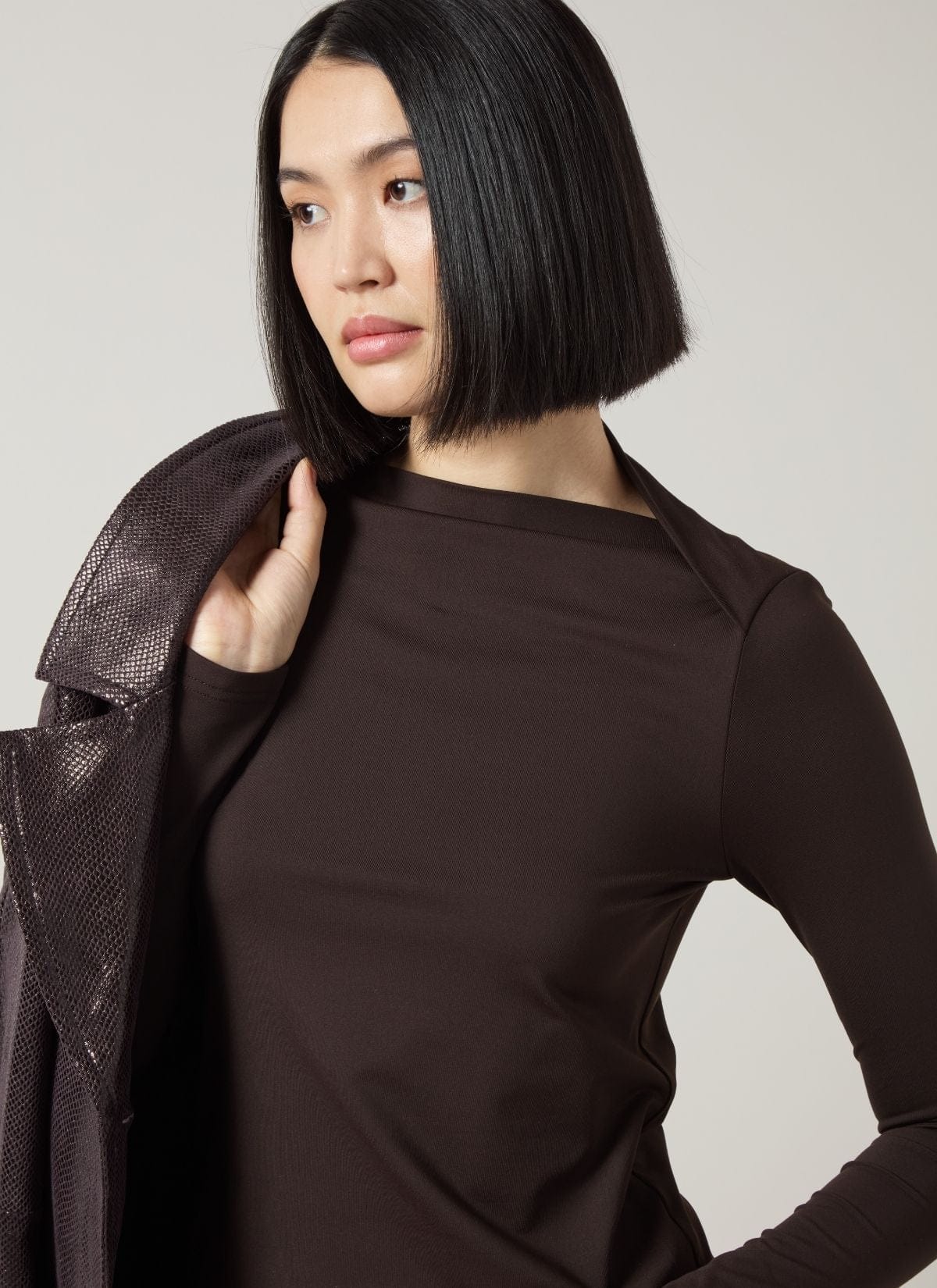 Electra Crossed Boat-Neck Top in Double Espresso