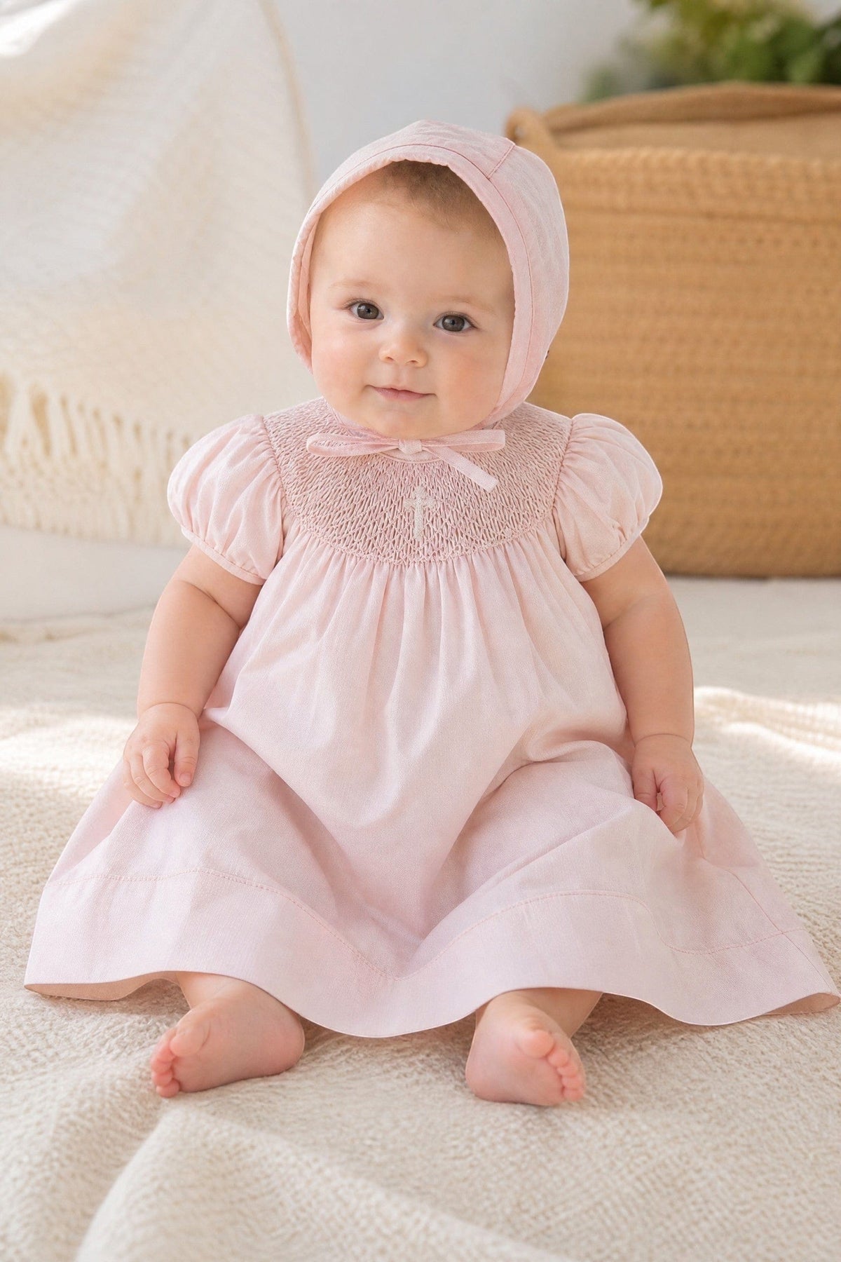 Carriage Boutique Baby Girl Hand Smocked with Pearl Cross Pink Christening Bishop Dress with Bonnet – Carriage Boutique - Little Miss Muffin Children & Home
