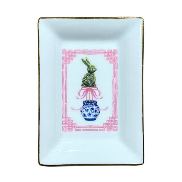 Easter Valentines Spring Boxwood Bunny Topiary Trinket Tray