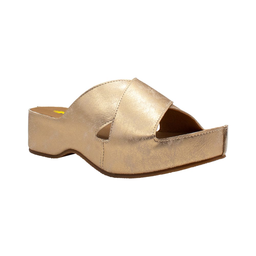 Volatile Volatile Edith Faux Leather Criss-Cross Slide Sandal in Gold - Little Miss Muffin Children & Home