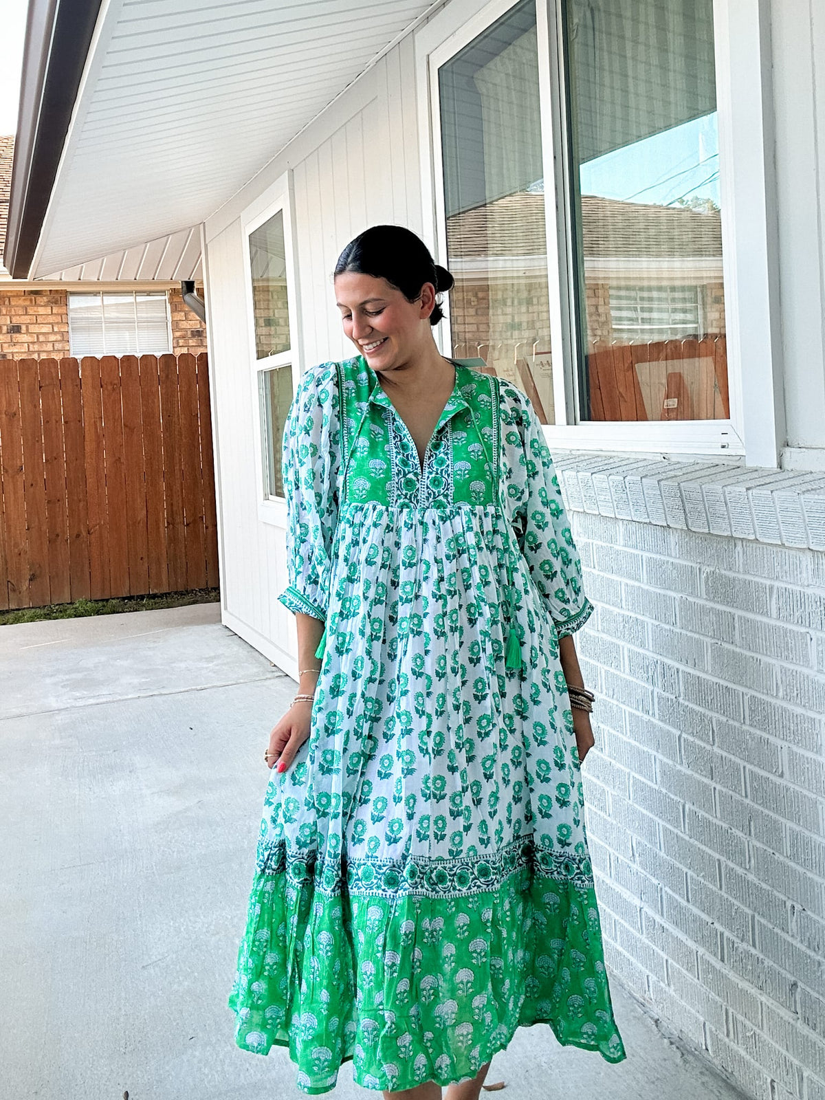 Mylah Midi Dress – Green-White