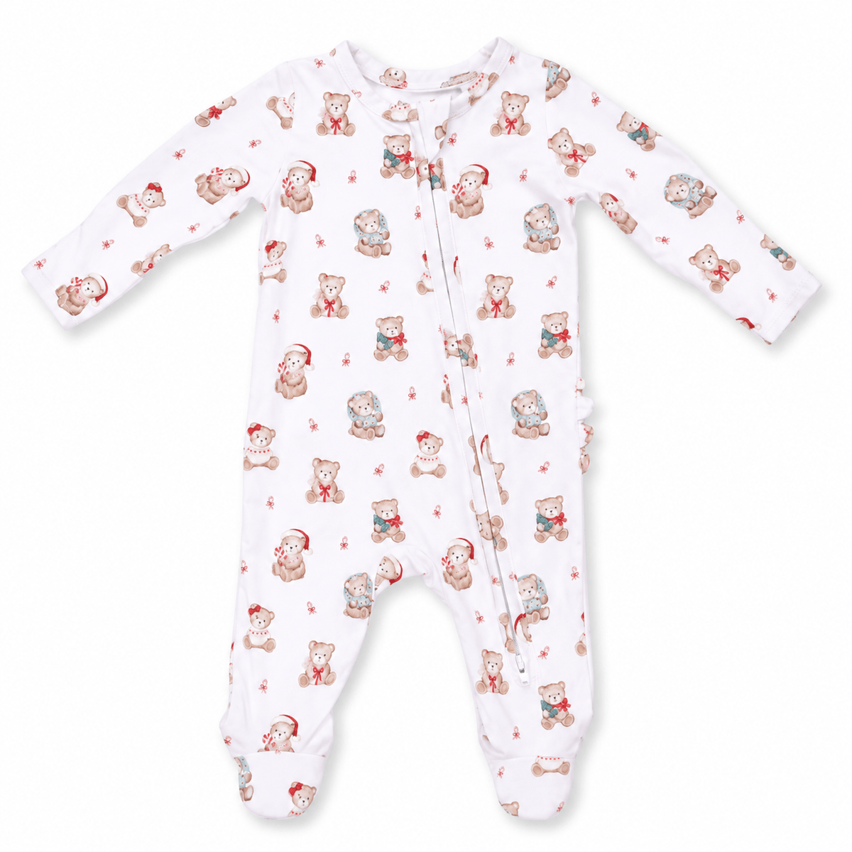 Angel Dear Christmas Teddy Bears Pink 2 Way Ruffle Back Zipper Footie - Little Miss Muffin Children & Home