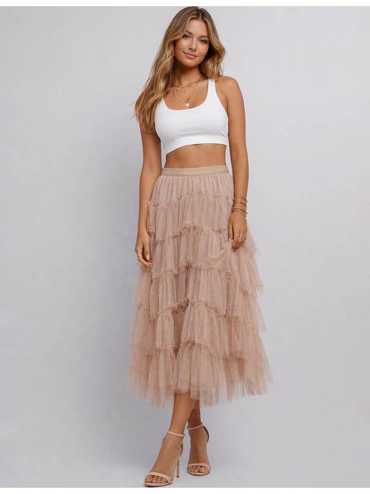 Faux Pearl Studded Tiered Ruffle Maxi Skirt in Dusty Pink