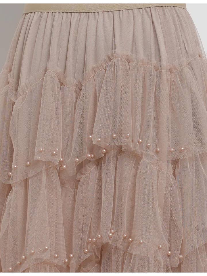 Faux Pearl Studded Tiered Ruffle Maxi Skirt in Dusty Pink