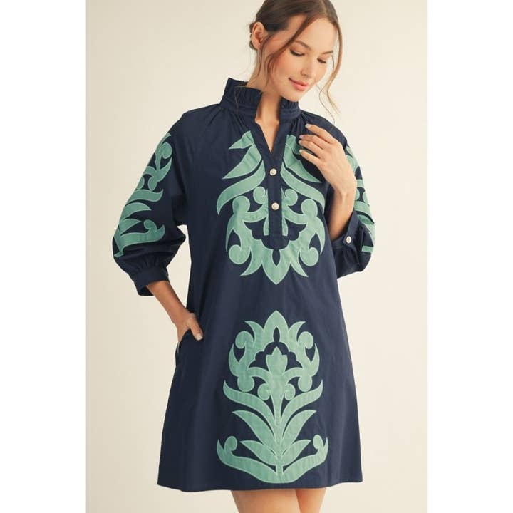 Floral Applique Balloon Sleeve Dress in Navy
