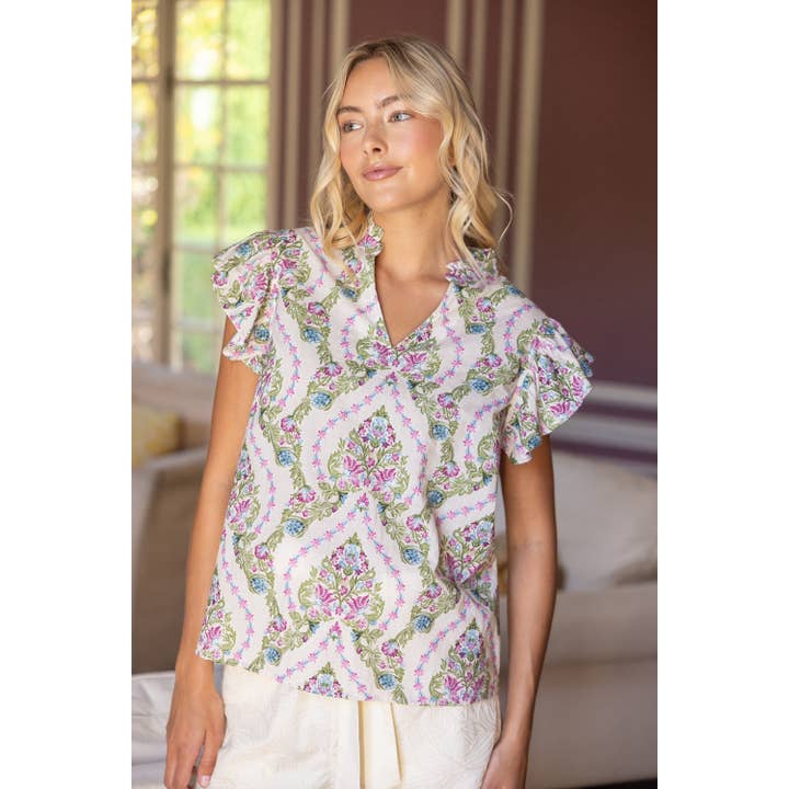 Flutter Sleeve Floral Embroidered Top