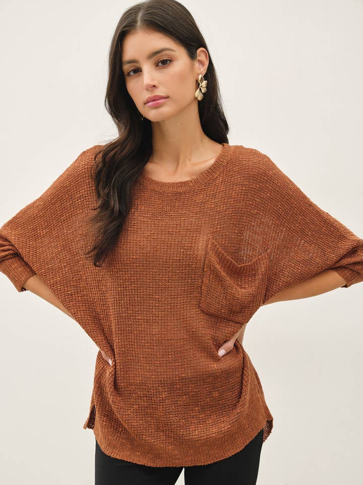 Front Pocket Dolman Long Sleeve Knit Sweater