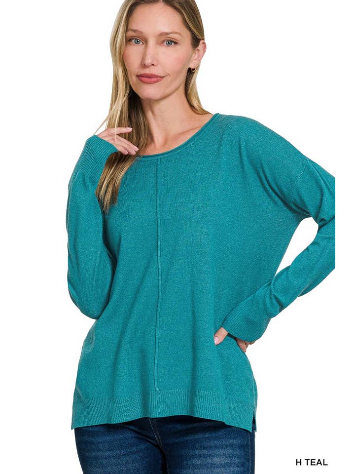 Front Seam Round Neck Knit Sweater in Teal