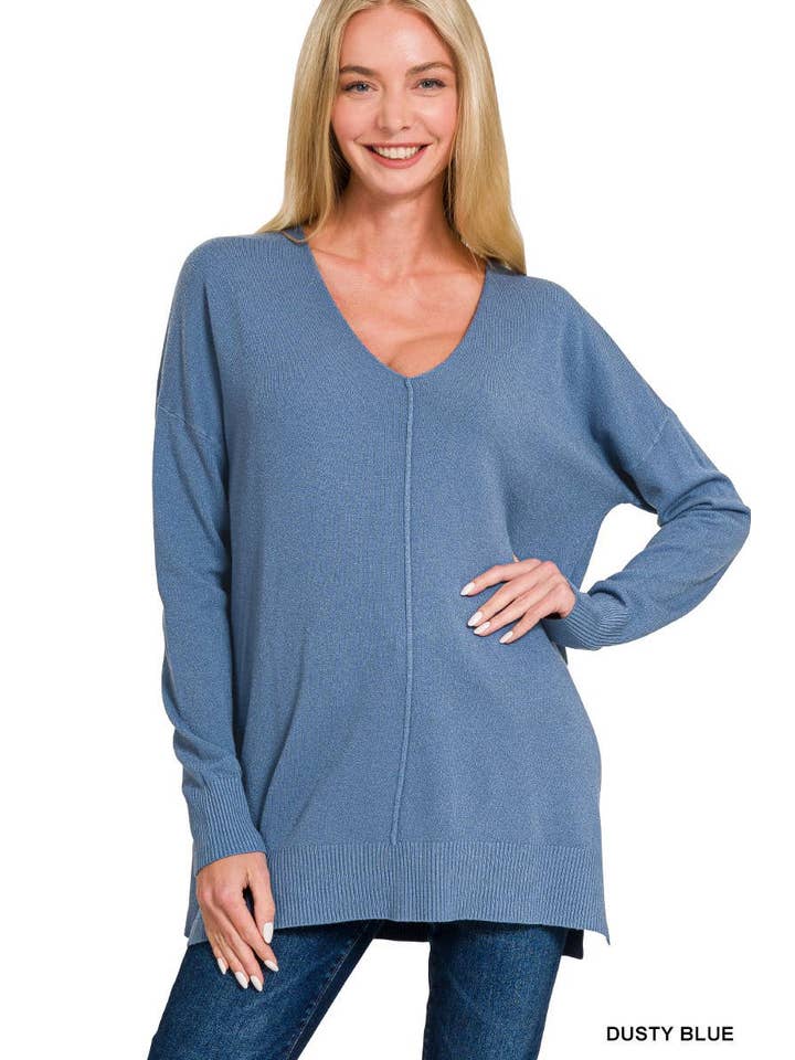 v neck sweater with side slit in blue