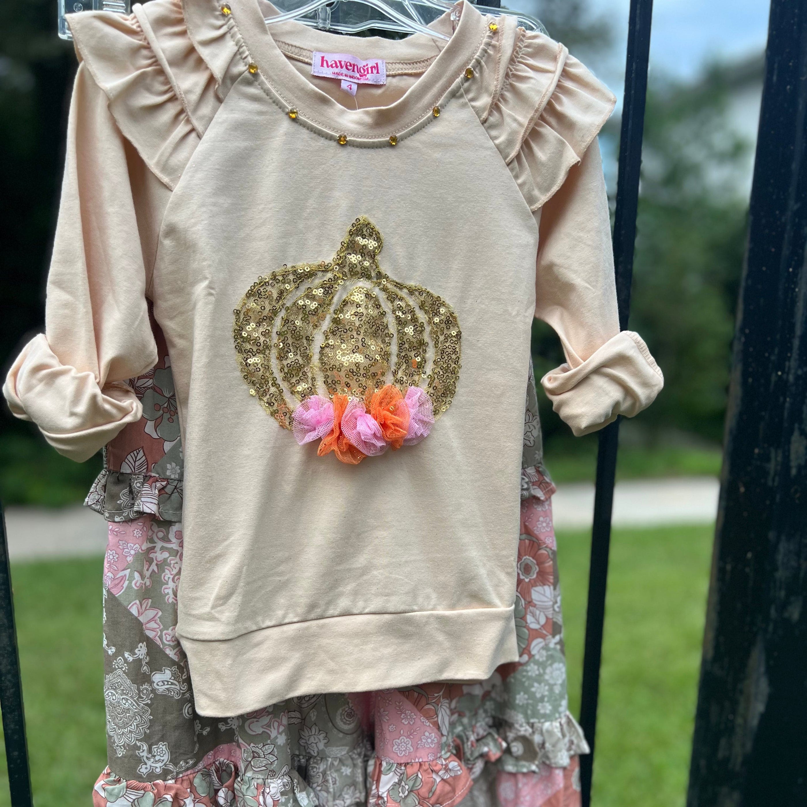 Joyous and Free Joyous and Free Pumpkin Long Sleeve Tee with Tulle and Sequins - Little Miss Muffin Children & Home