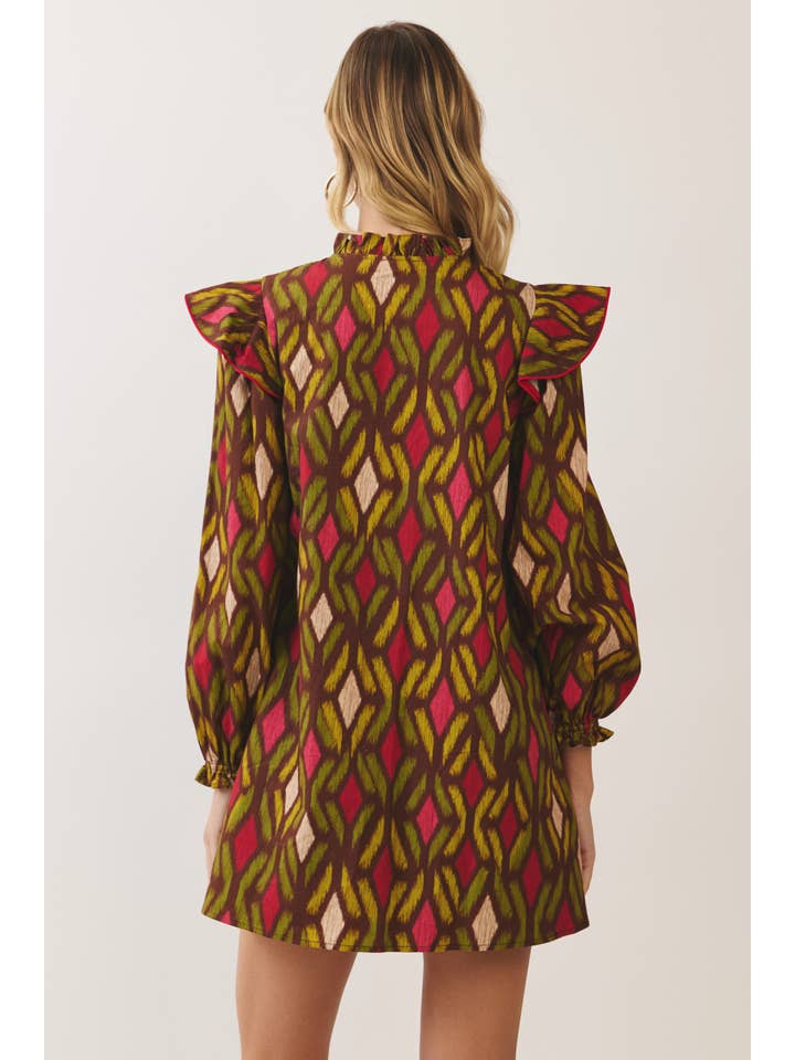Geometric Print Ruffle Trim Mini Dress