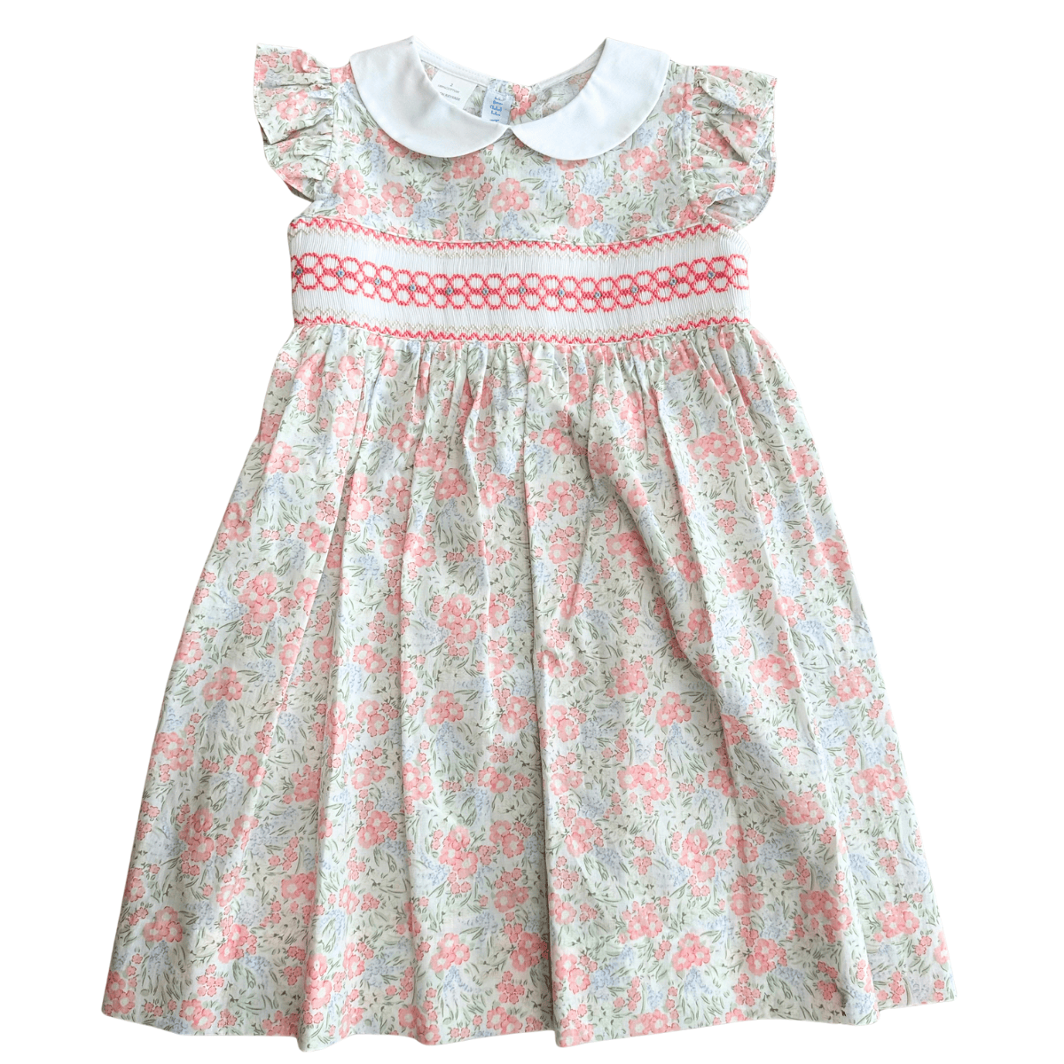 Geometric Smocked Pink Floral Print Peter Pan Collar Dress