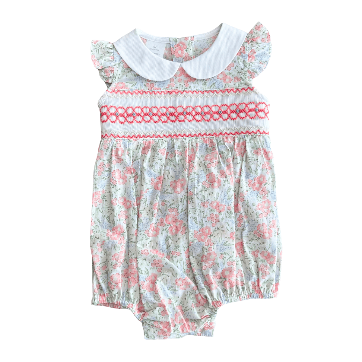 Geometric Smocked Pink Floral Print Peter Pan Collared Bubble