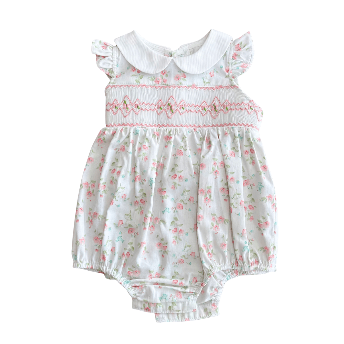 Geometric Smocked White Print Flower Peter Pan Collared Bubble