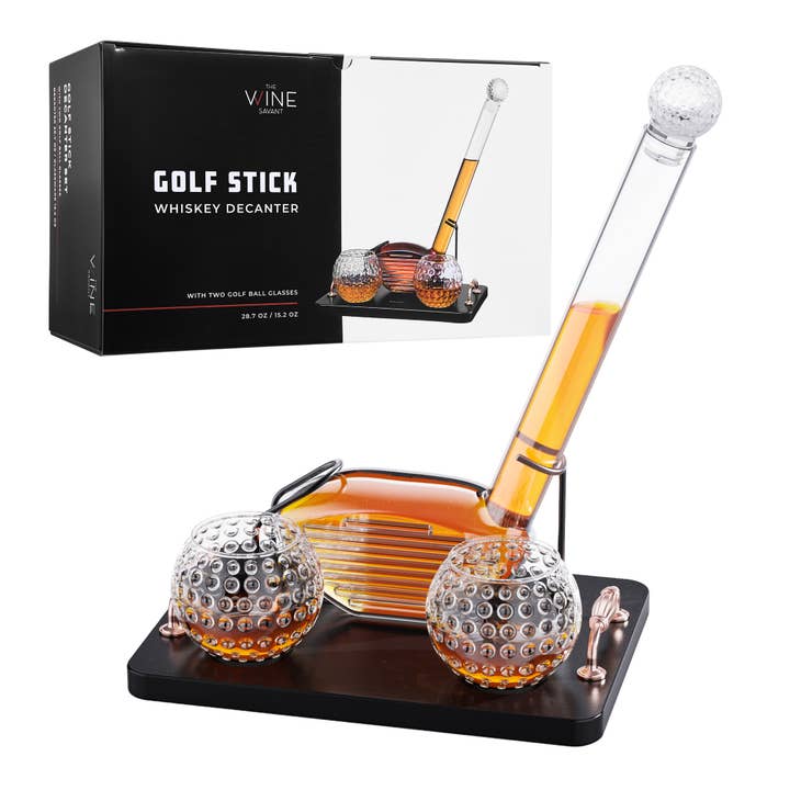 Golf club whiskey decanter with 2 golf ball glasses