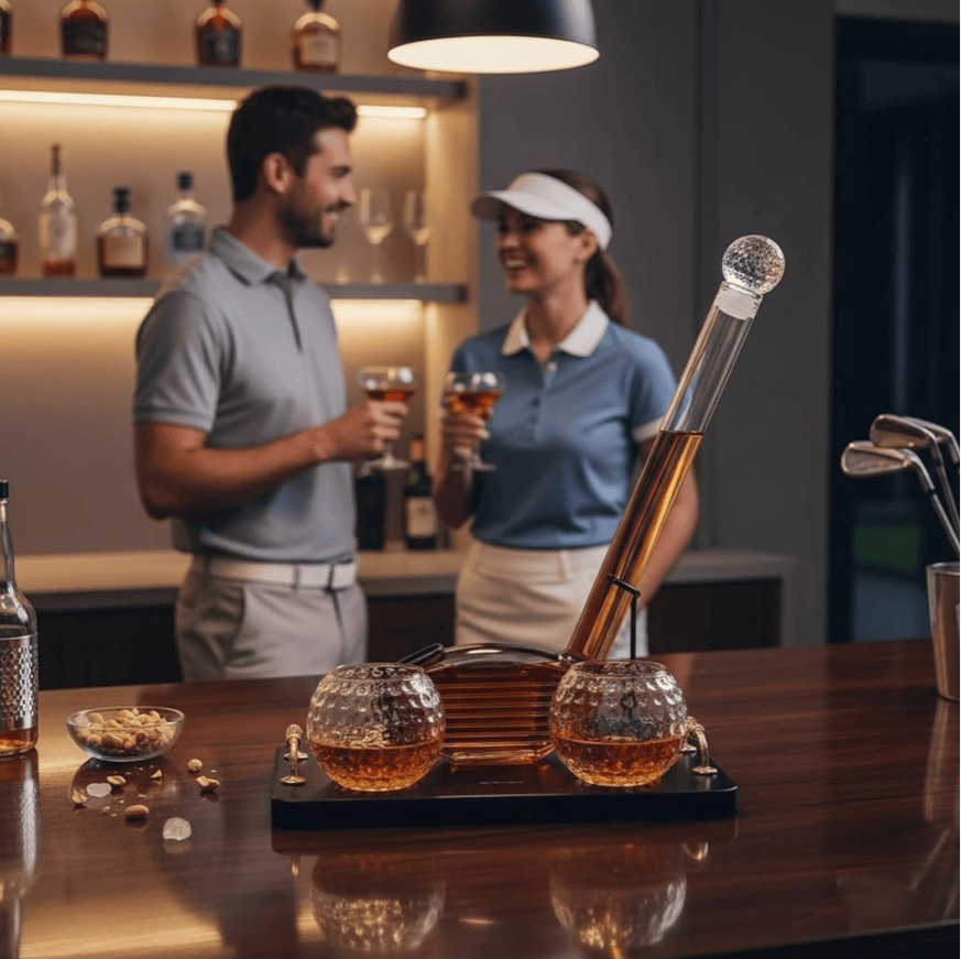 Golf club shaped 29 oz glass decanter and golf ball whiskey glasses by The Wine Savant
