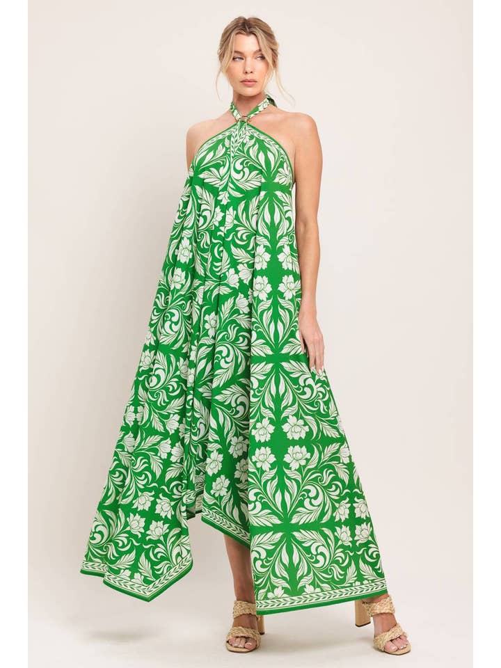 Green Bloom Woven Midi Scarf Dress