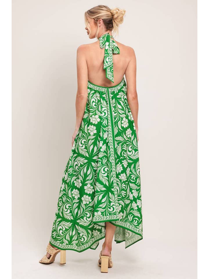 Green Bloom Woven Midi Scarf Dress