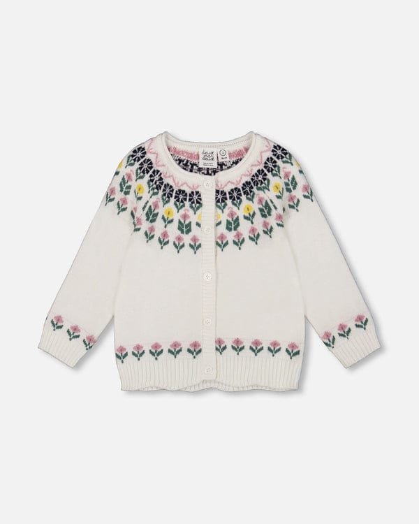 Deux Par Deux Knitted Cardigan With Jacquard in Off White - Little Miss Muffin Children & Home
