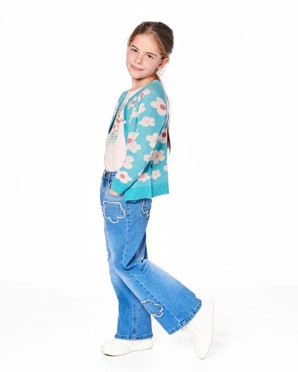 Deux Par Deux Button Front Knitted Cardigan in Blue Turquoise - Little Miss Muffin Children & Home