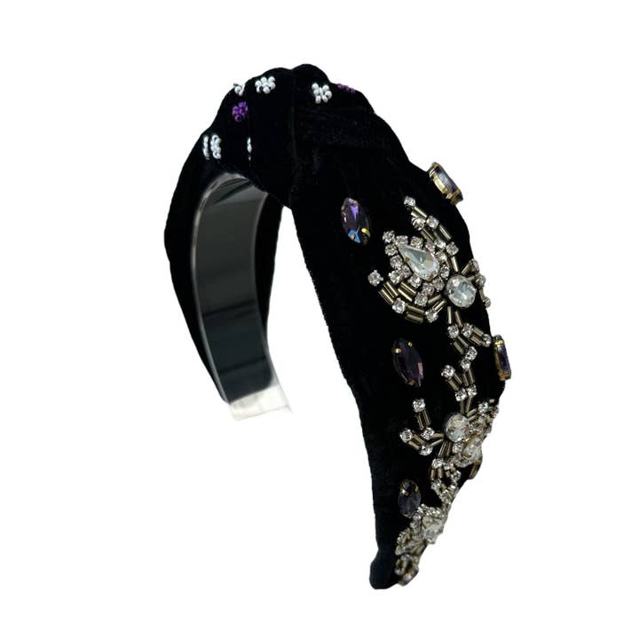Halloween Rhinestone Spider Black Velvet Knot Headband