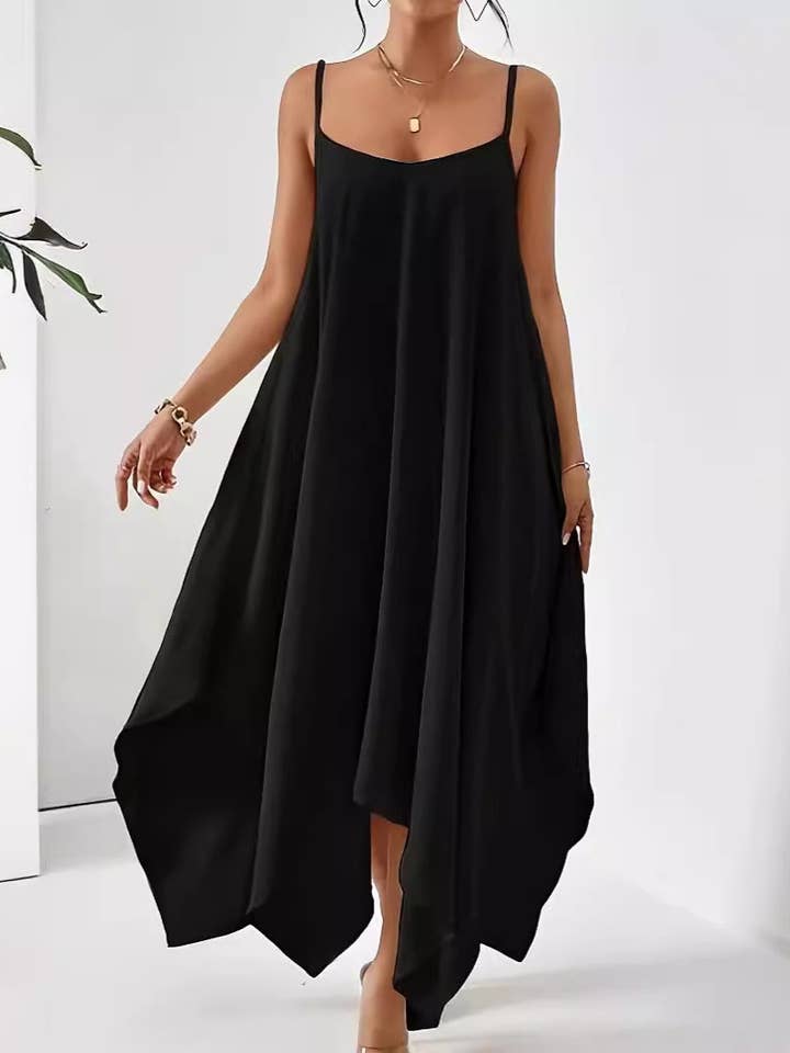 Handkerchief Hem Cami Maxi Dress in Black
