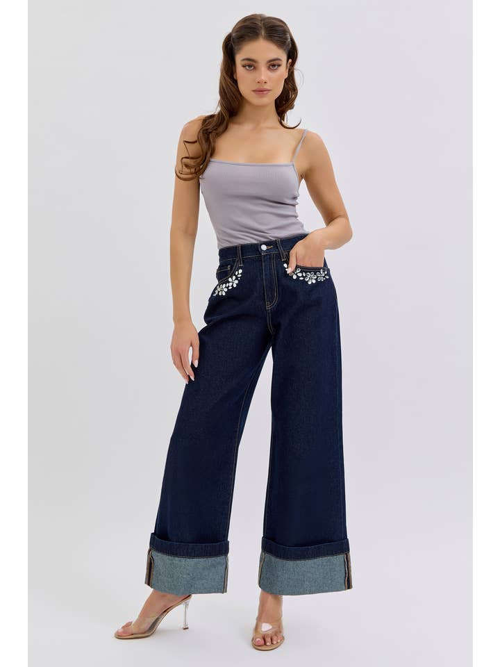 Highrise Cuffed Wide leg w/ Rhinestones