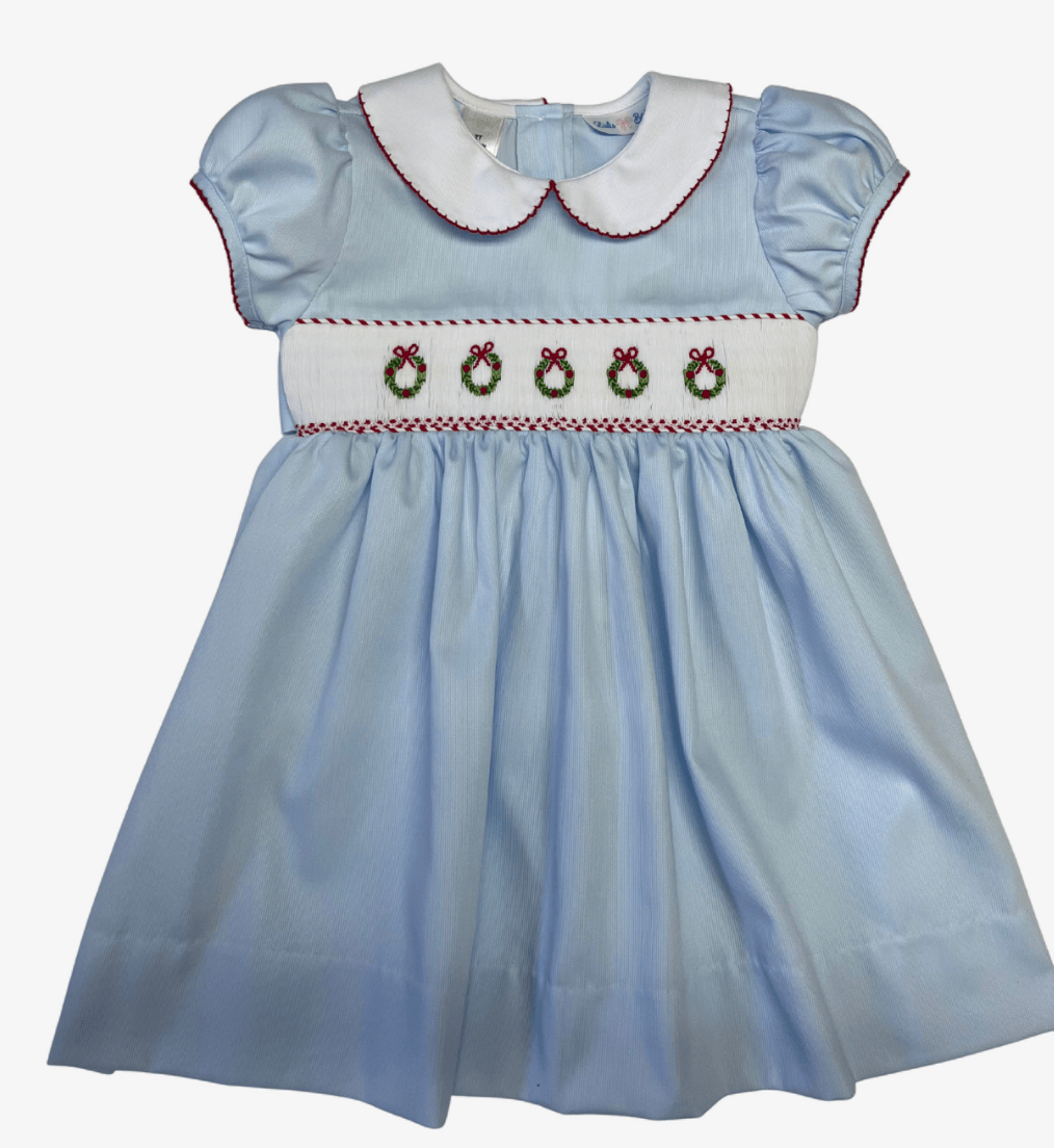 Rose Christmas Wreath Smocked Waist Dress with White Peter Pan Collar