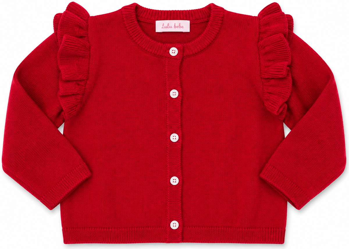 Fran Red Long Sleeve Ruffle Shoulder Wool Cardigan