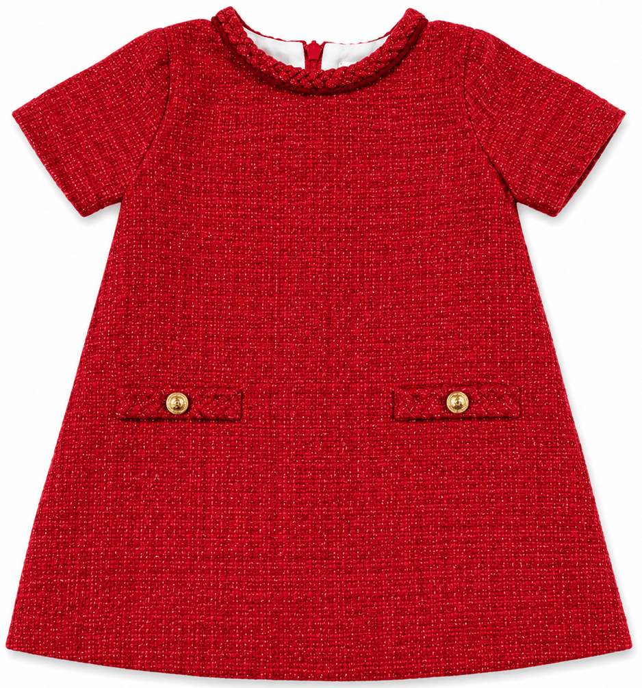 Red Tweed Short Sleeve Braided Dress