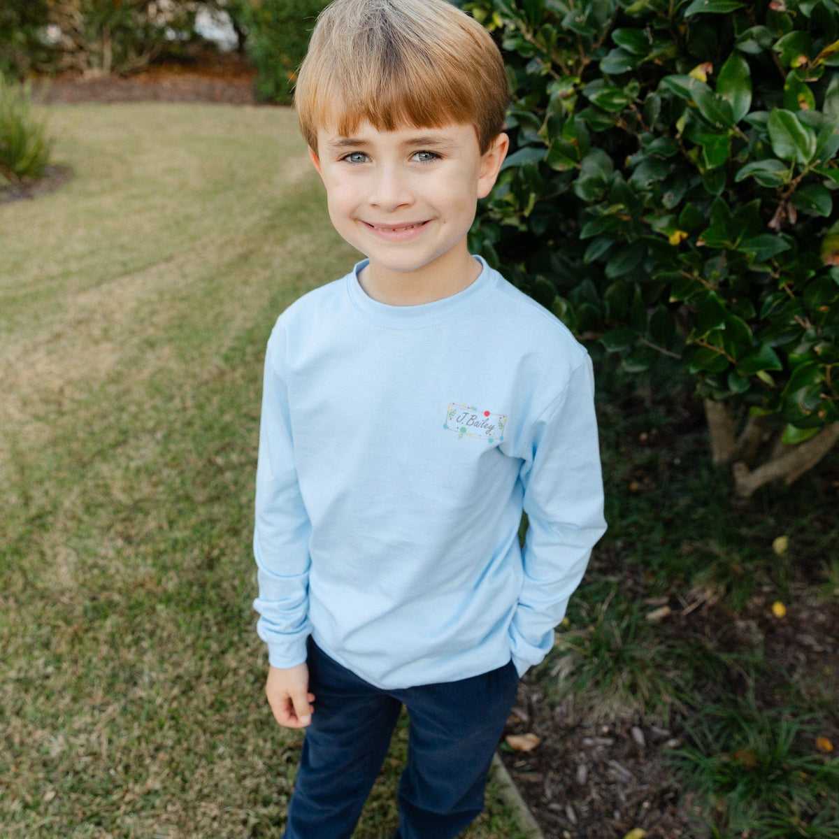 Bailey Boys Long Sleeve Logo Tee, Christmas Labs on Light Blue - Little Miss Muffin Children & Home