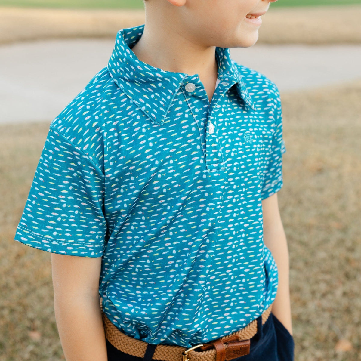 Bailey Boys Henry Short Sleeve Performance Polo, Lures on Blue - Little Miss Muffin Children & Home
