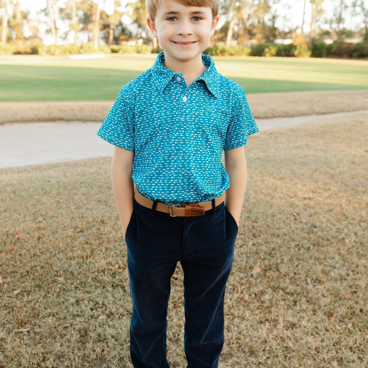 Bailey Boys Henry Short Sleeve Performance Polo, Lures on Blue - Little Miss Muffin Children & Home
